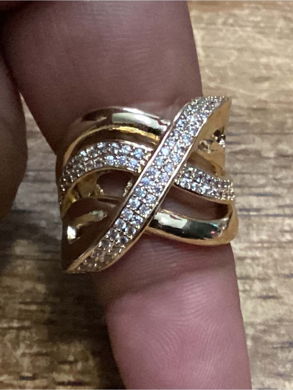 Gold Crystal-Accented Crossover Ring for Women